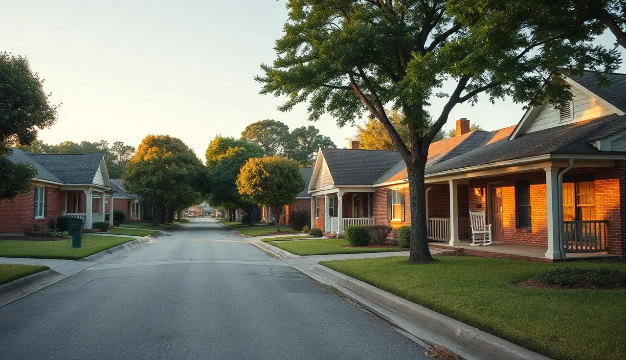 Quiet residential street in Greenville South Carolina with brick homes in afternoon light