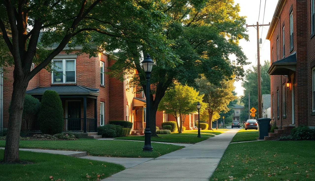 Brick rental homes on a quiet Louisville Kentucky residential street in afternoon light
