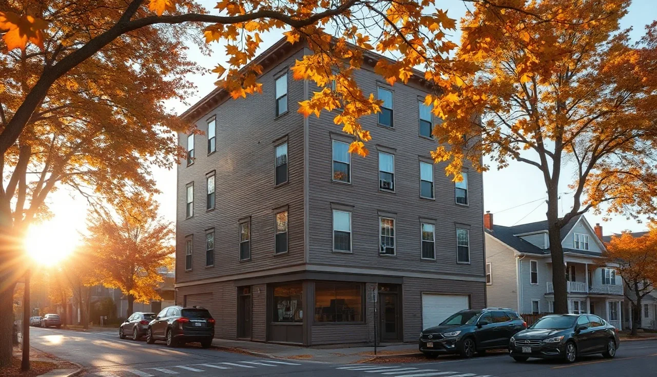 Triple-decker apartment building on a New England residential street in autumn