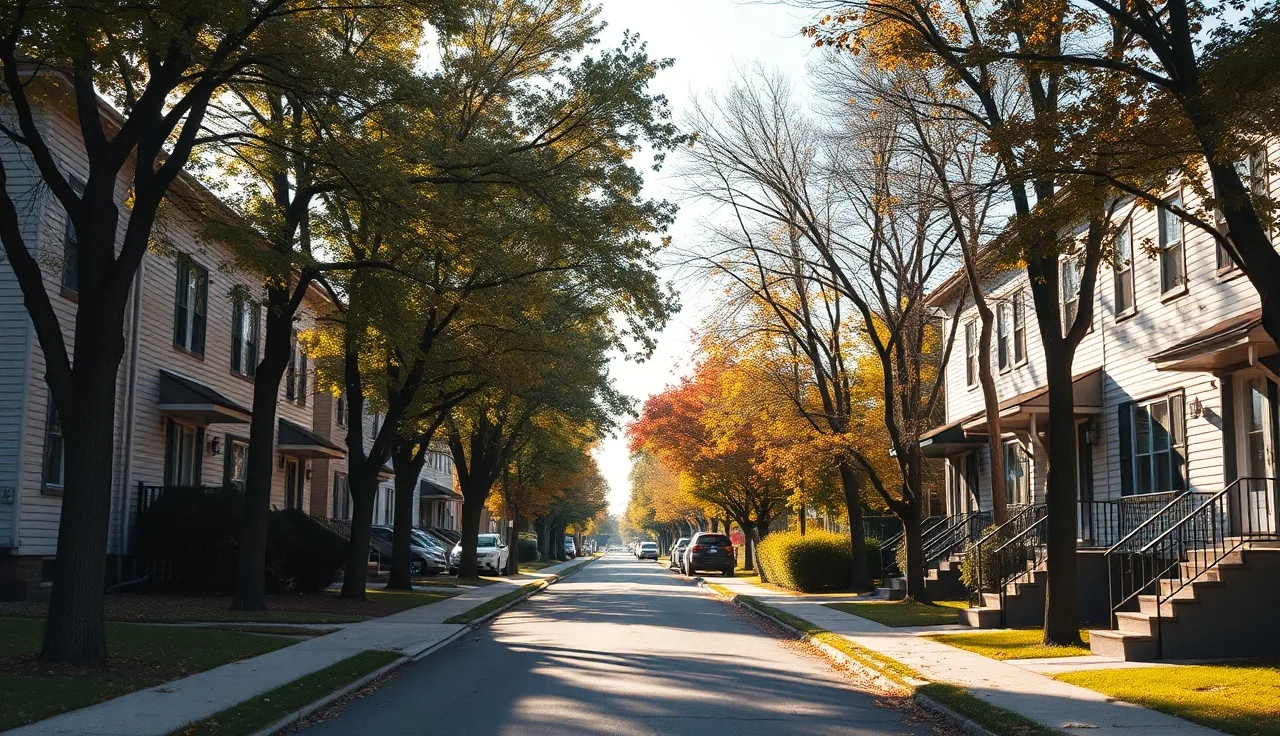 Modest residential homes on a Minneapolis street in autumn afternoon light