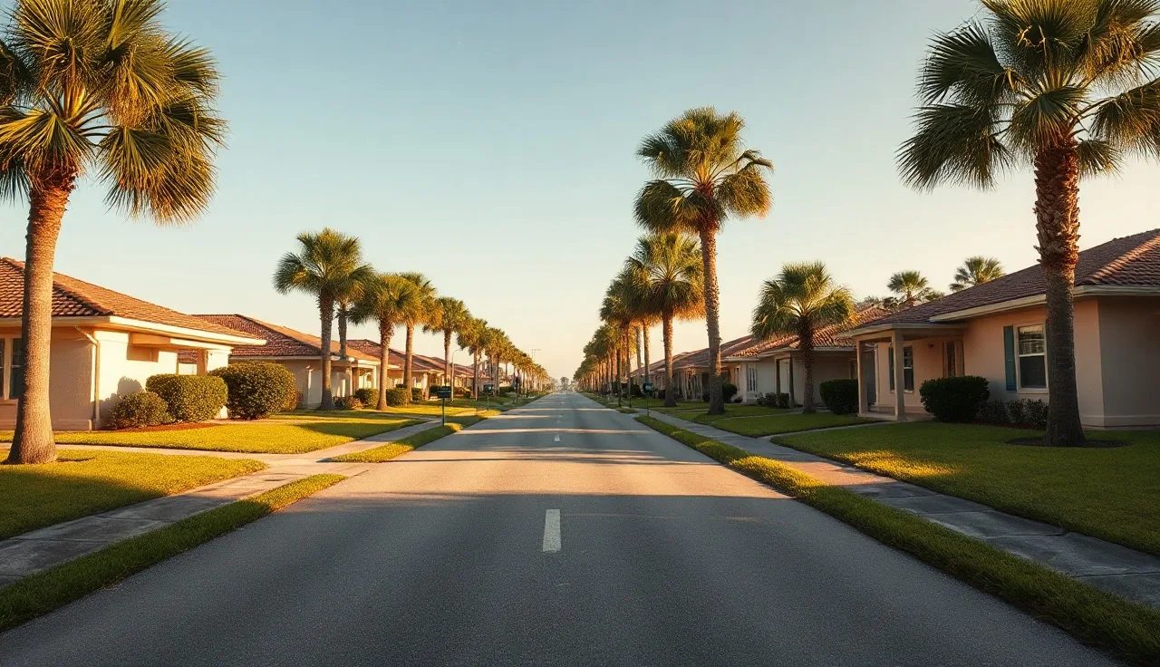 Suburban residential street in New Port Richey Florida with palm trees and modest homes
