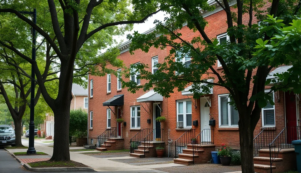 Tree-lined New Jersey street with brick rental housing on overcast morning