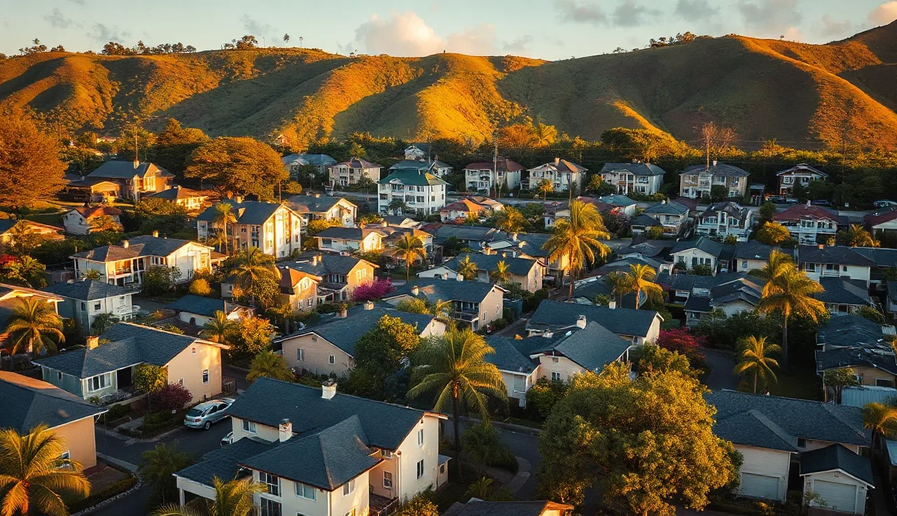 Aerial view of a Honolulu neighborhood with apartments and homes at sunset