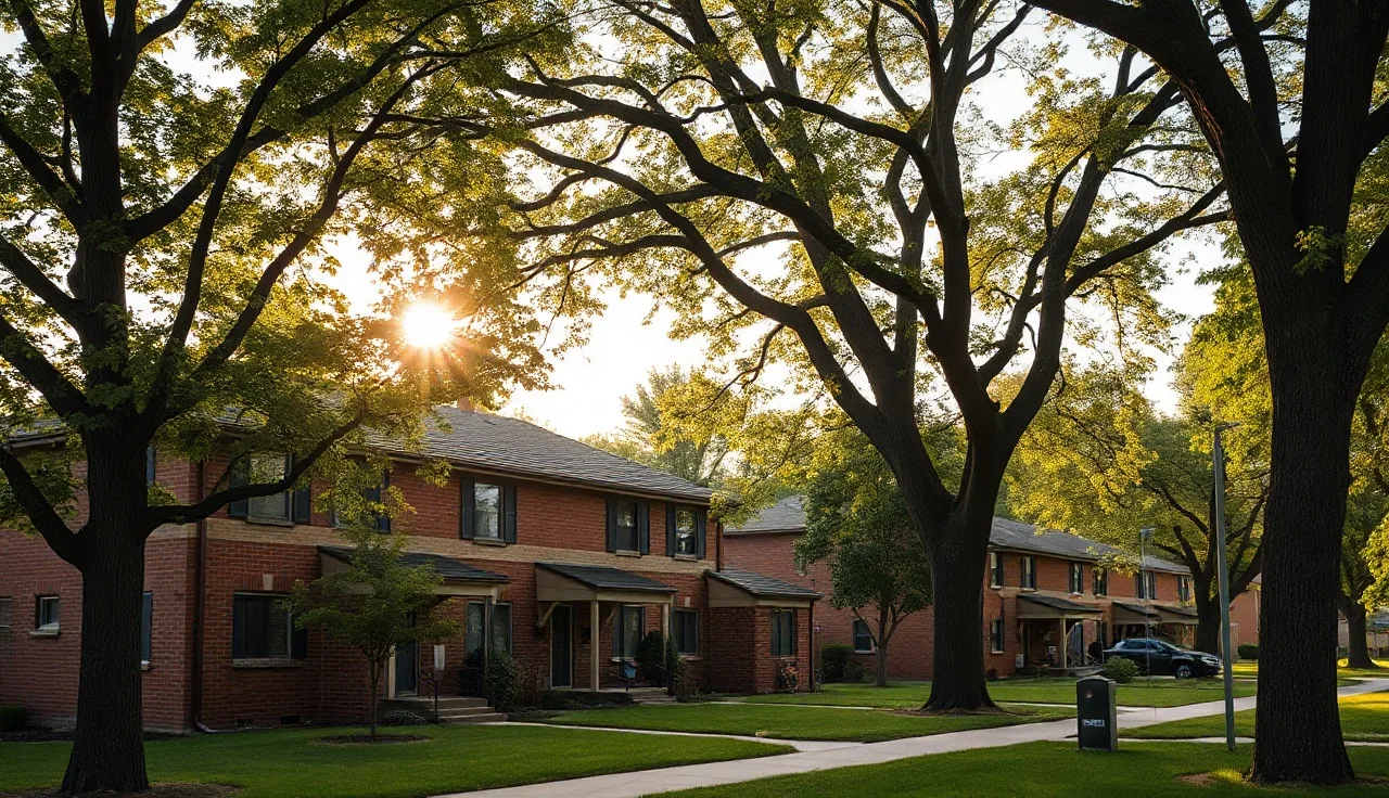 Brick duplex on a residential street in Omaha Nebraska on a sunny afternoon