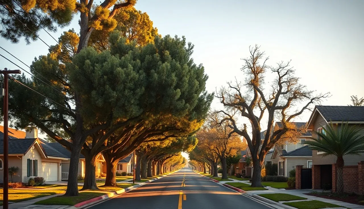 Suburban Orange County residential street with single-family homes at golden hour