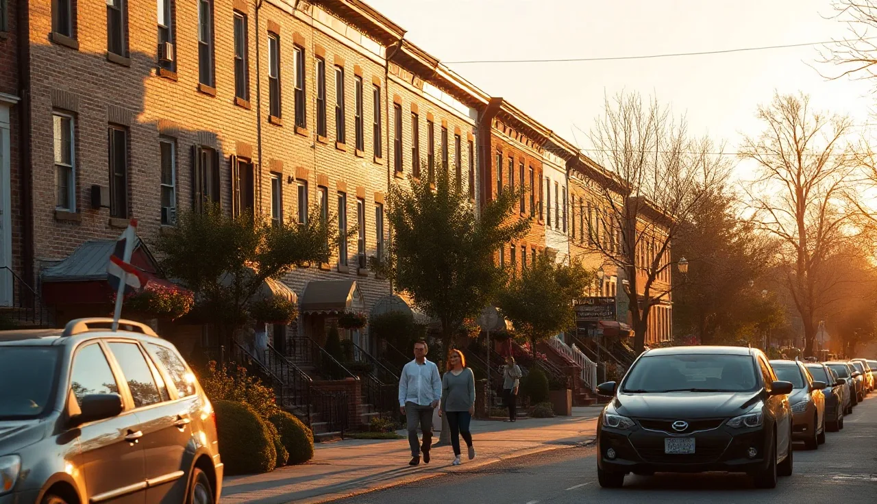 Philadelphia rowhouse block at golden hour with family walking on sidewalk