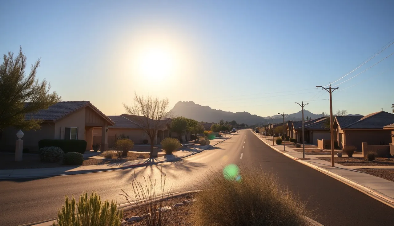 Quiet Phoenix residential street with single-family homes and desert landscaping at dusk