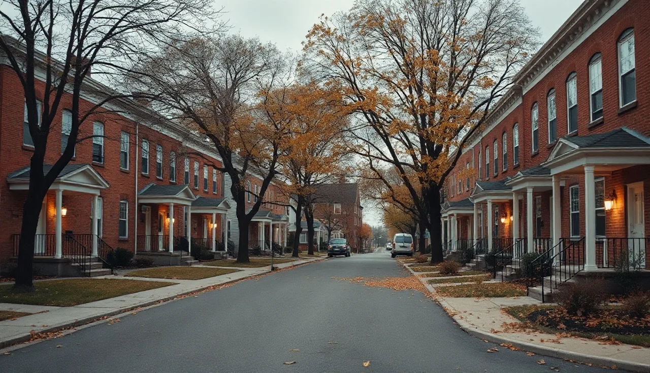 Brick rental homes on a Rochester NY street in autumn afternoon light