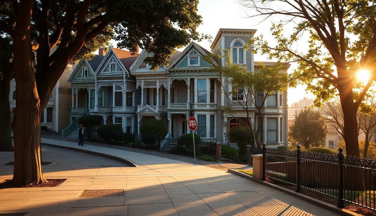 Victorian row houses in San Francisco's Alamo Square at golden hour