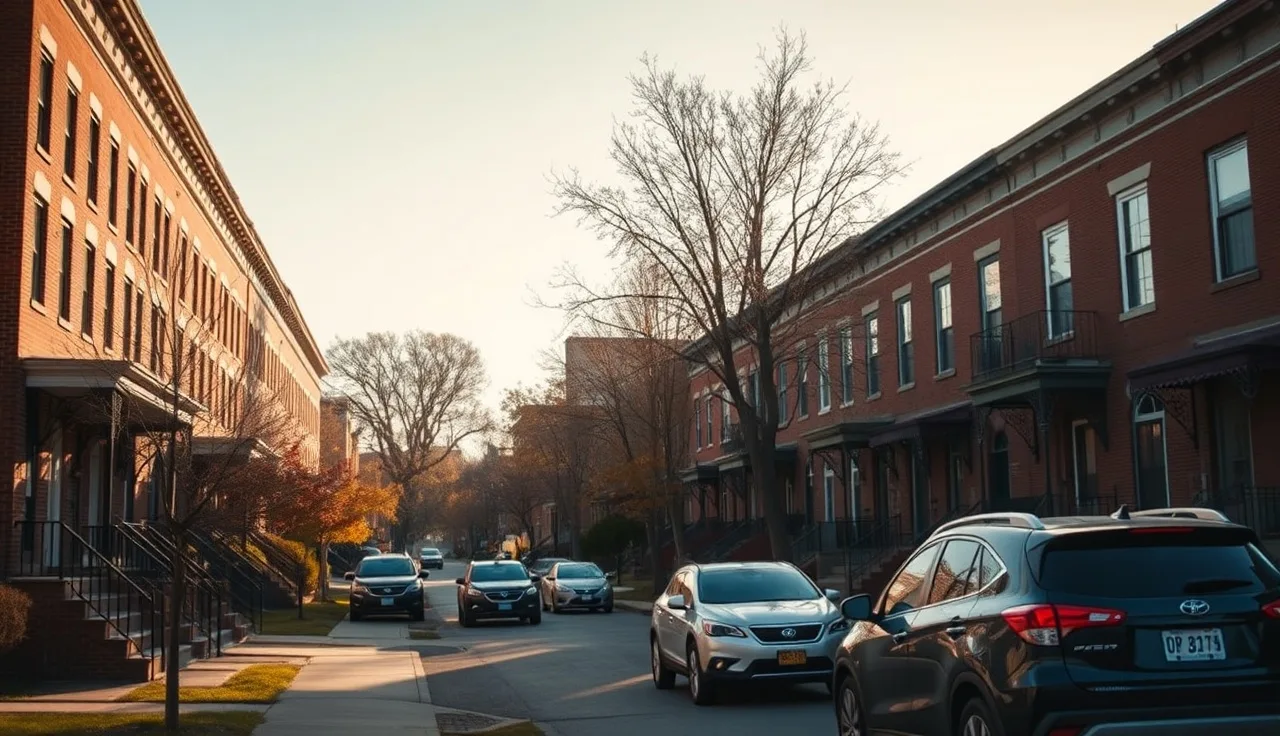 Brick rowhouses on a residential street in St. Louis in autumn afternoon light