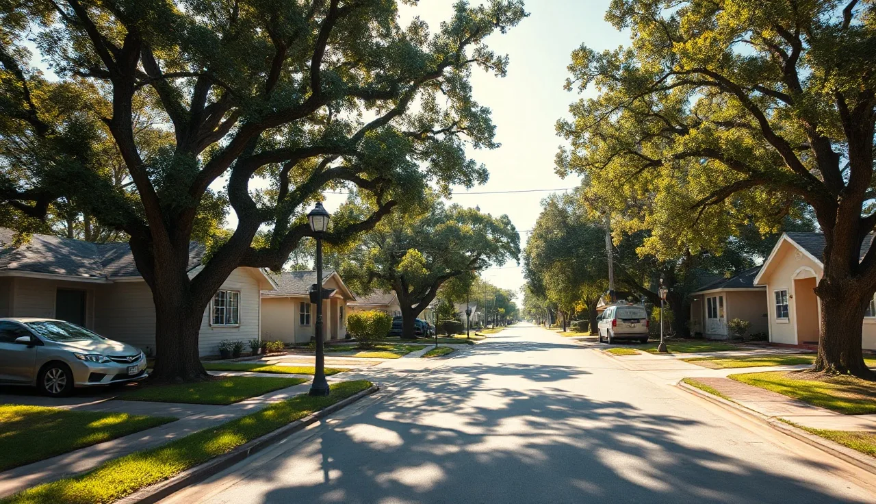 Sunny Tampa residential street with modest homes and oak tree shade