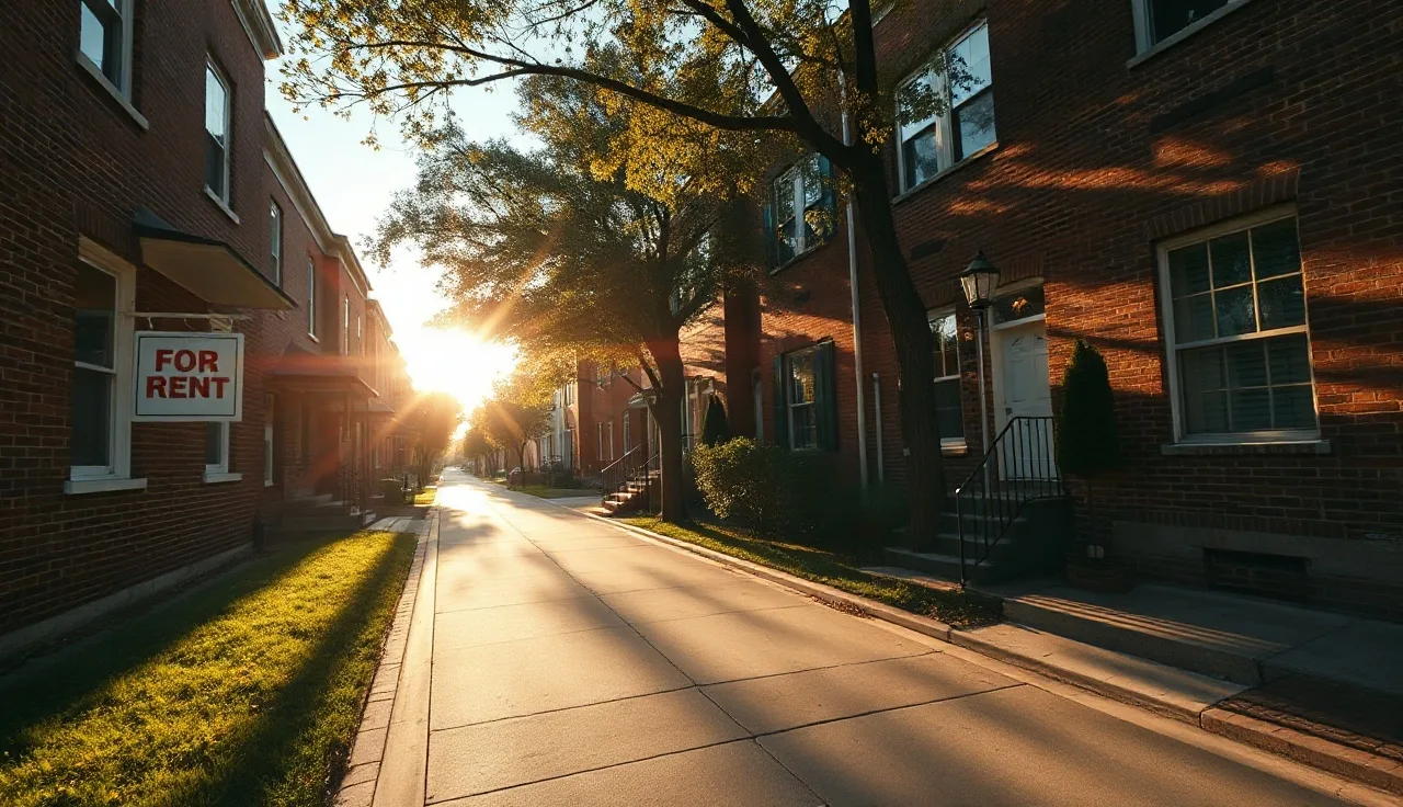 Brick row houses on a quiet Richmond Virginia street with a for rent sign