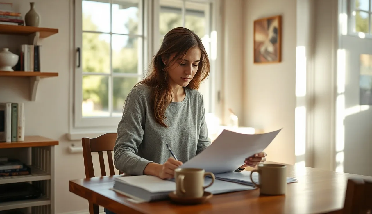 Woman reviewing housing documents at kitchen table in California apartment