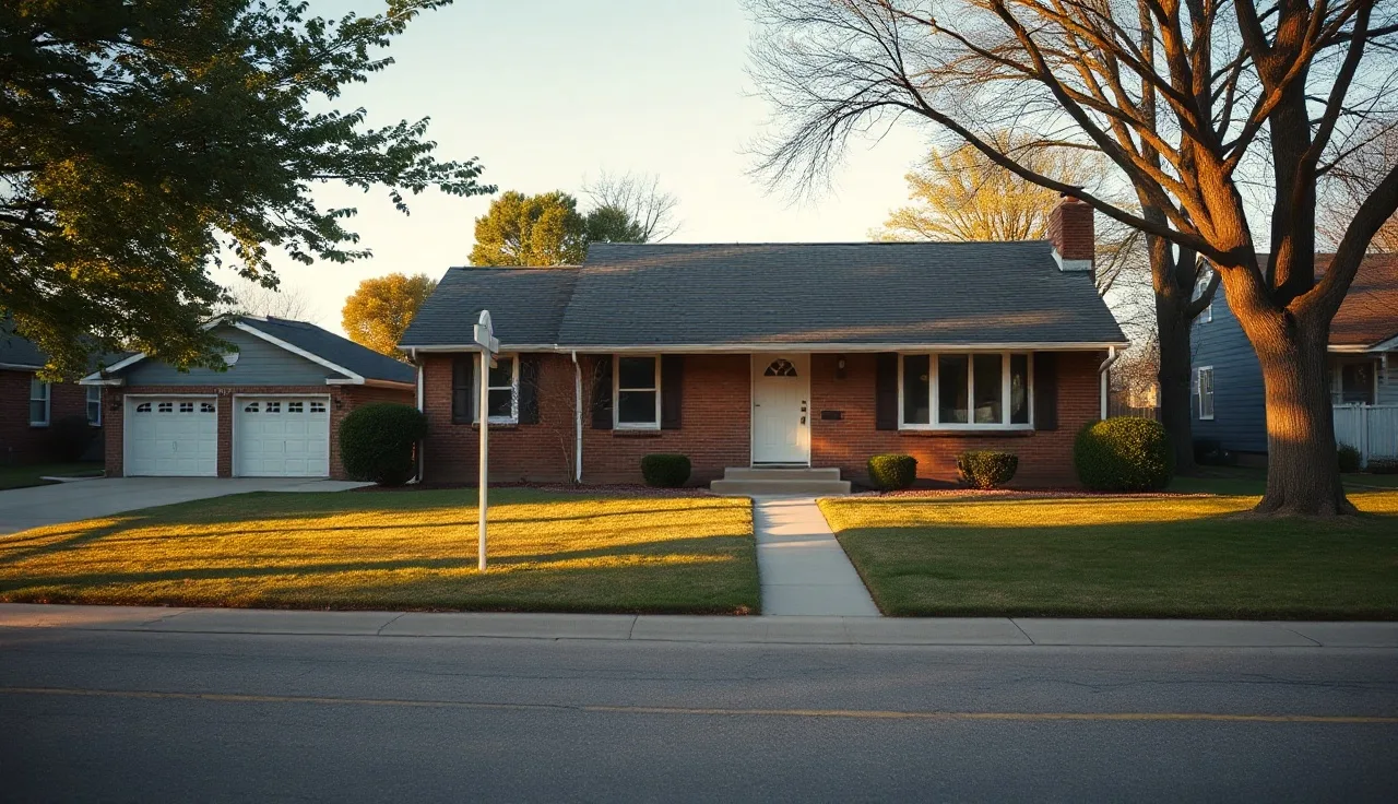 Modest Midwestern brick home on a sunny residential street, front porch visible