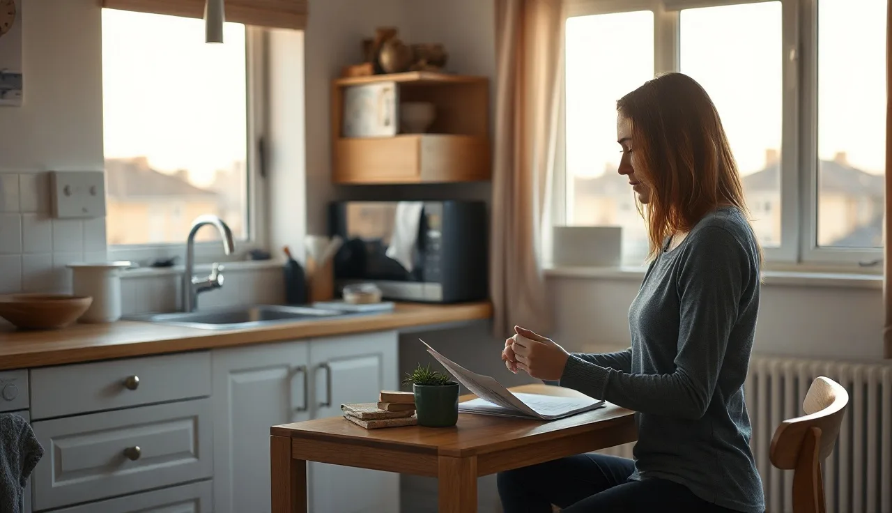 Woman reviewing housing documents at kitchen table in a New York apartment