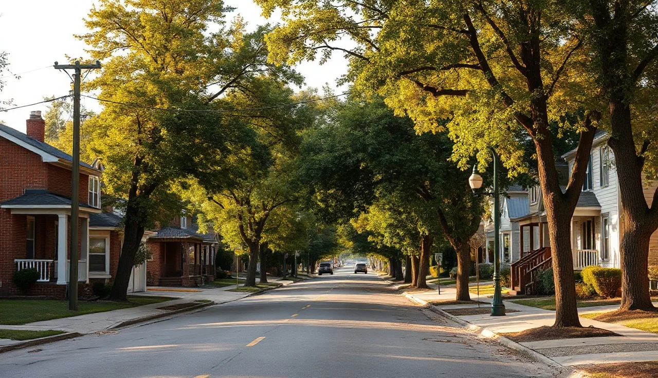 Quiet residential street in Indianapolis with brick homes and front porches