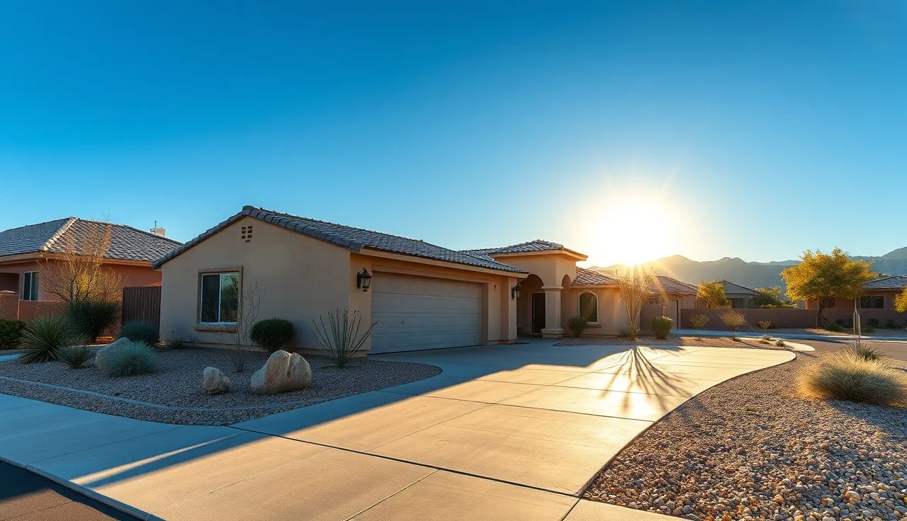Single-story stucco rental home in Las Vegas neighborhood with desert mountains behind