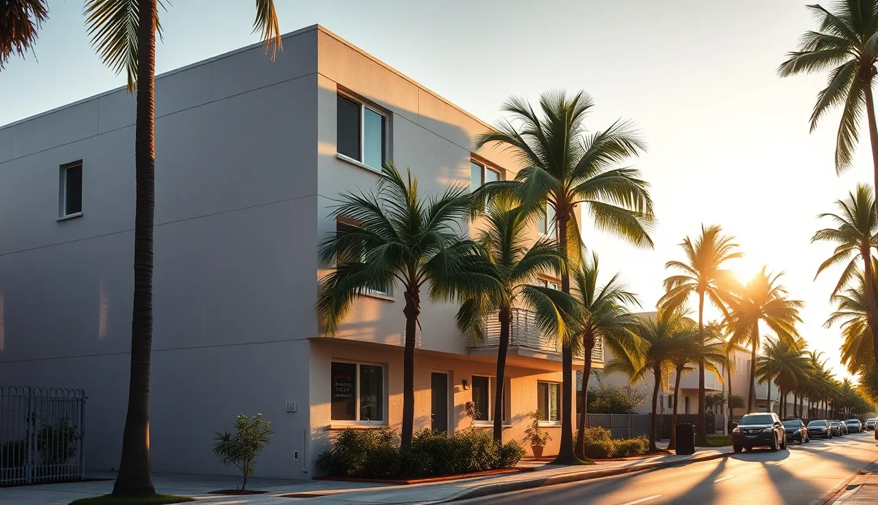 Two-story apartment building in Miami with palm trees in afternoon light