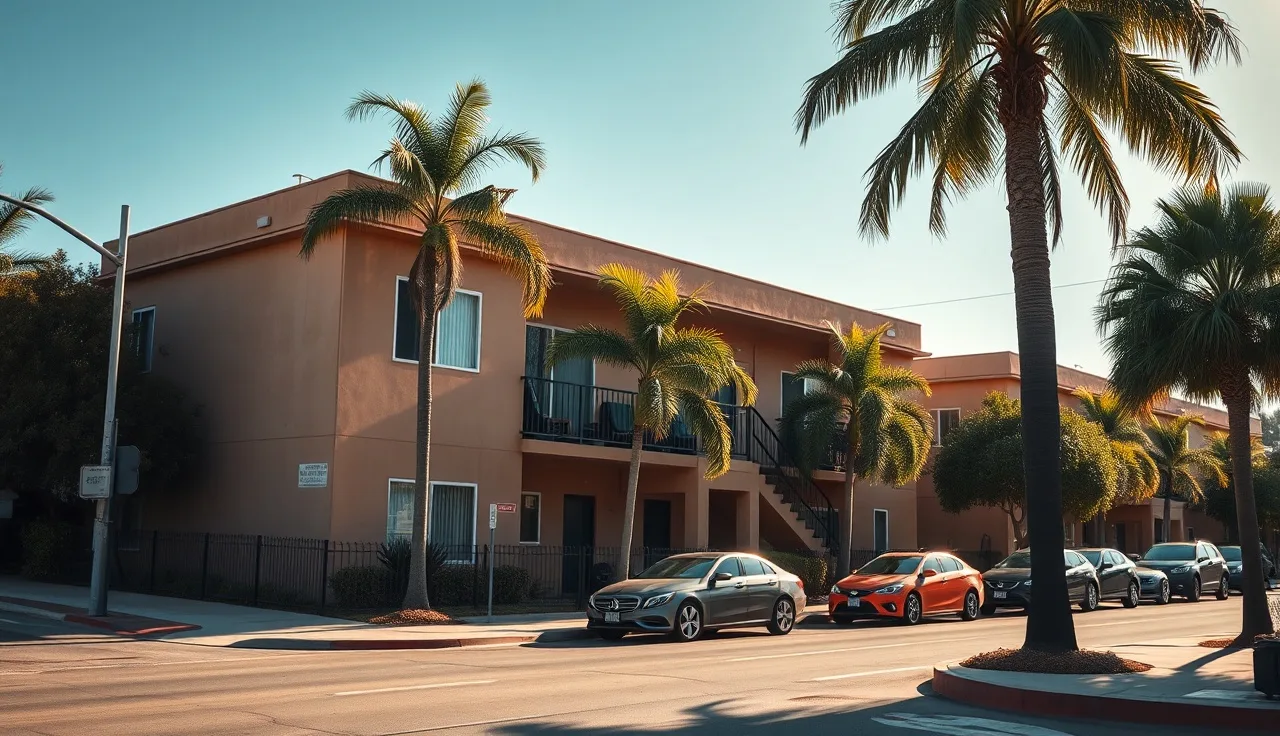 Sun-lit apartment building in a San Diego residential neighborhood with palm trees