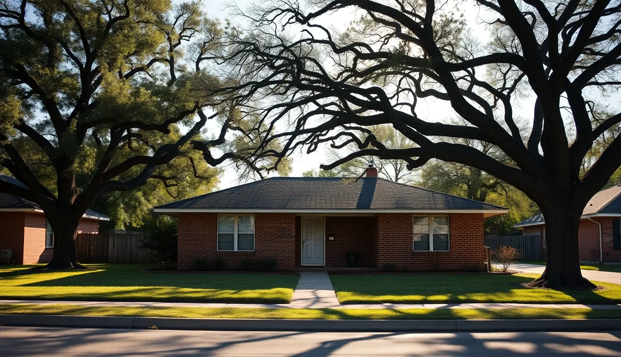 Brick rental house on a Shreveport residential street under afternoon sun
