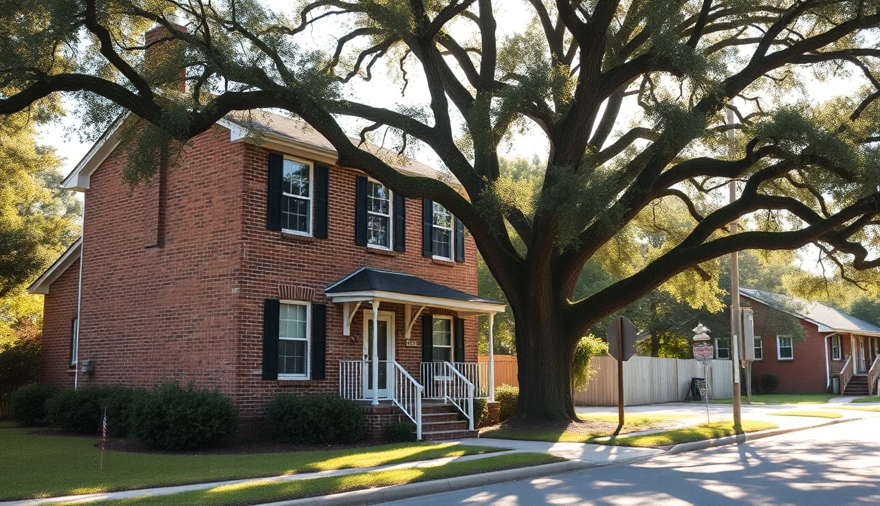 Brick rental home on a shaded South Carolina residential street in summer afternoon light