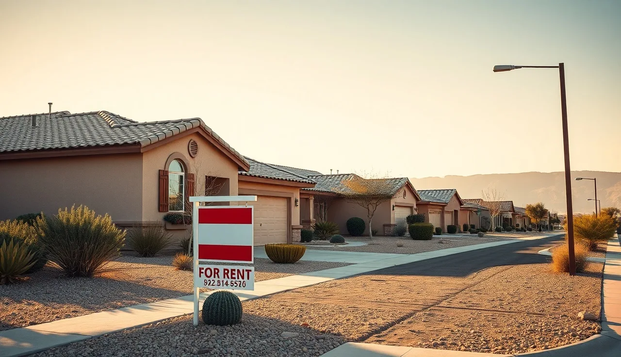 Residential street in Henderson Nevada with stucco homes and a for-rent sign