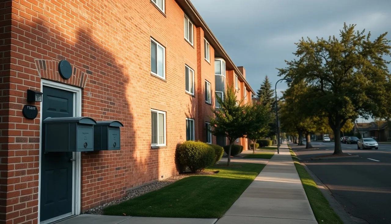 Spokane apartment building exterior in morning light with mailboxes near front door