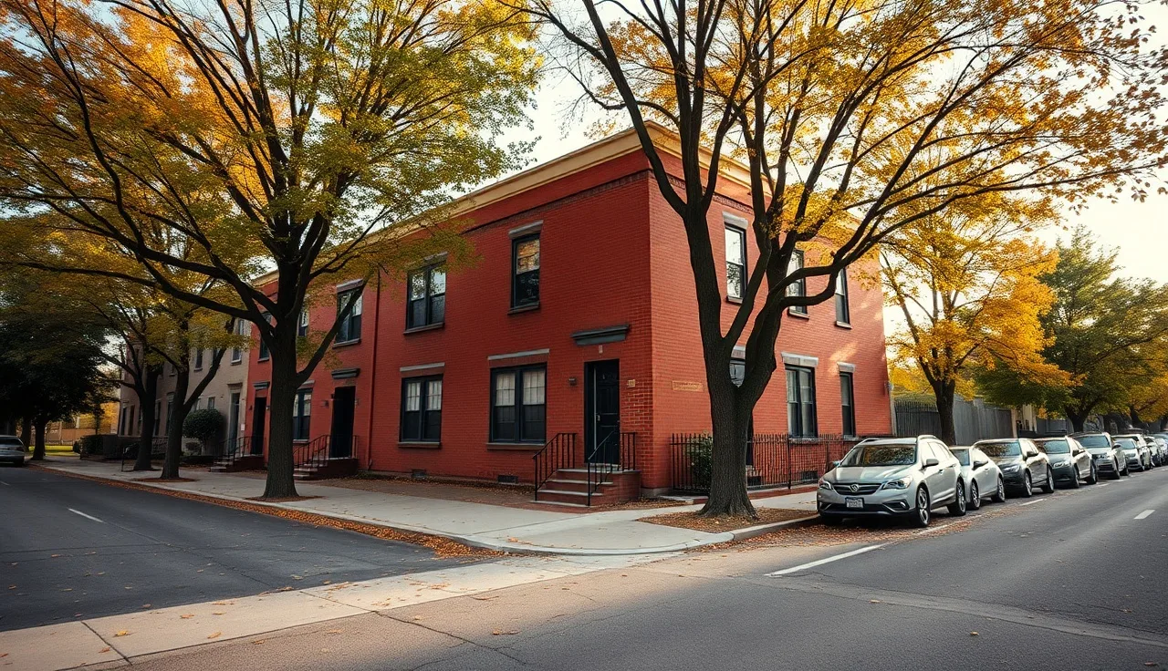 Red brick apartment building on a residential Springfield street in autumn light