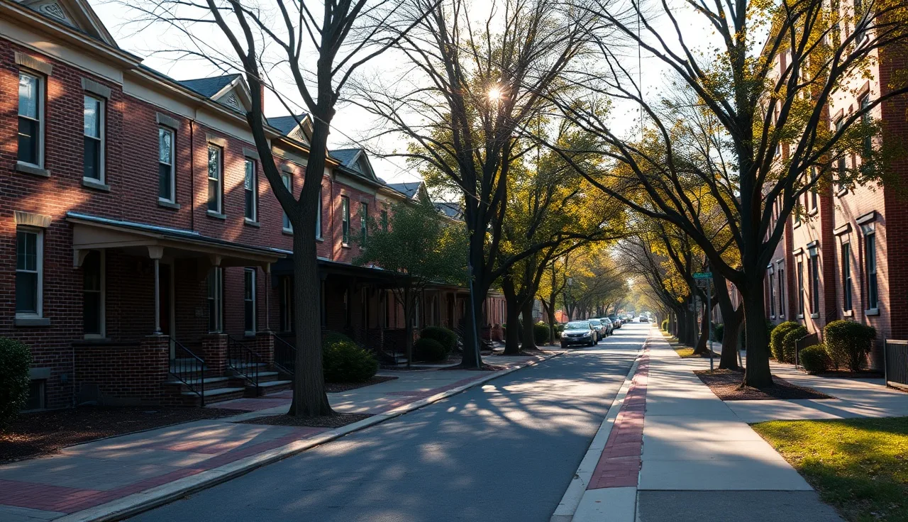 Brick row houses on a quiet St. Louis residential street in morning light