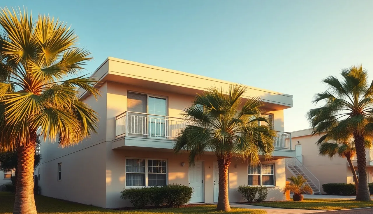 Tampa apartment building exterior with palm trees on a sunny morning