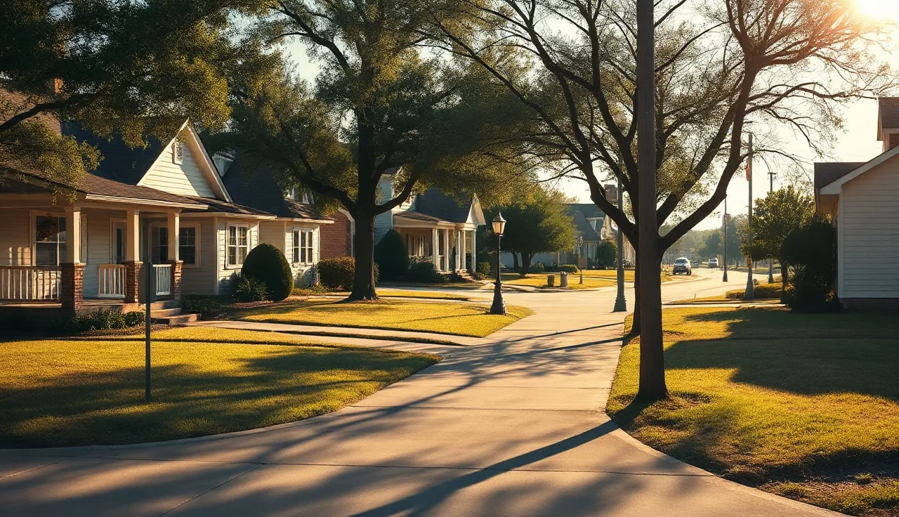 Modest single-family homes on a quiet Texas residential street in afternoon sun