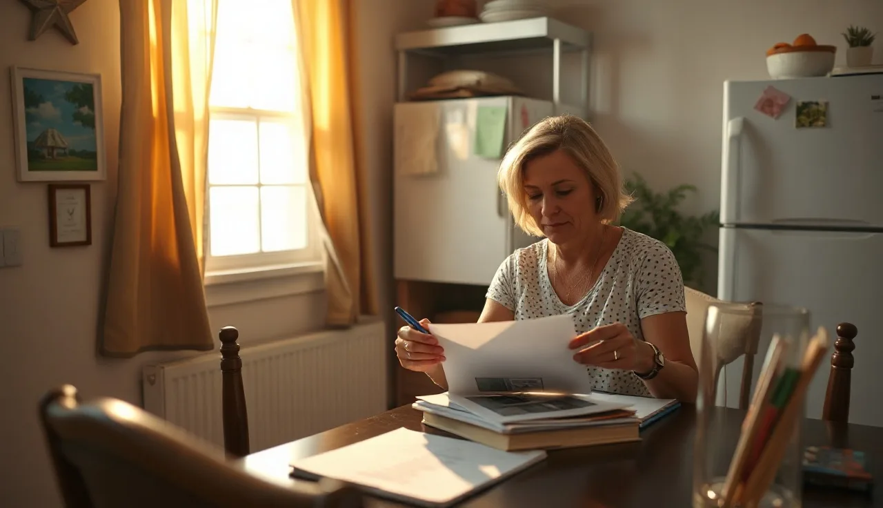Woman reviewing rental assistance paperwork at a kitchen table in a Texas apartment