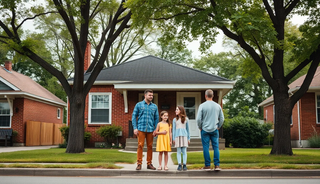 Family standing outside a brick rental home in a midwestern neighborhood