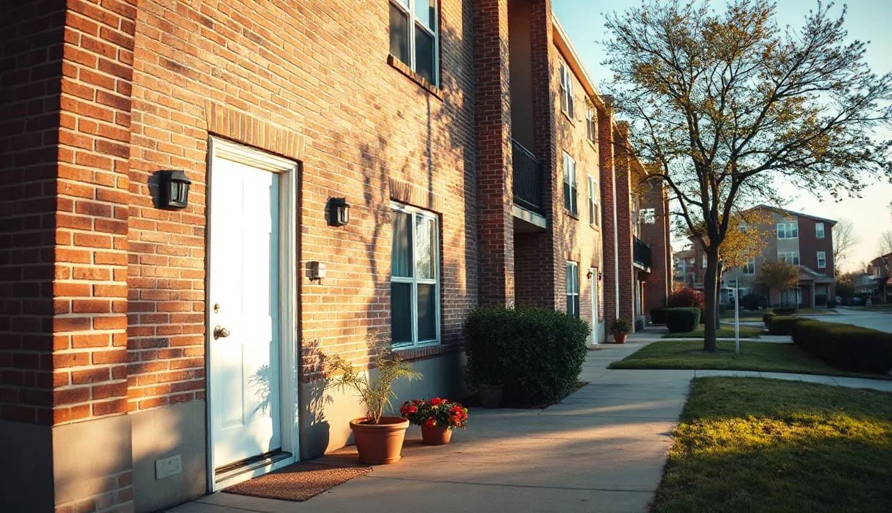 Brick apartment building exterior in a Tulsa residential neighborhood on a sunny afternoon