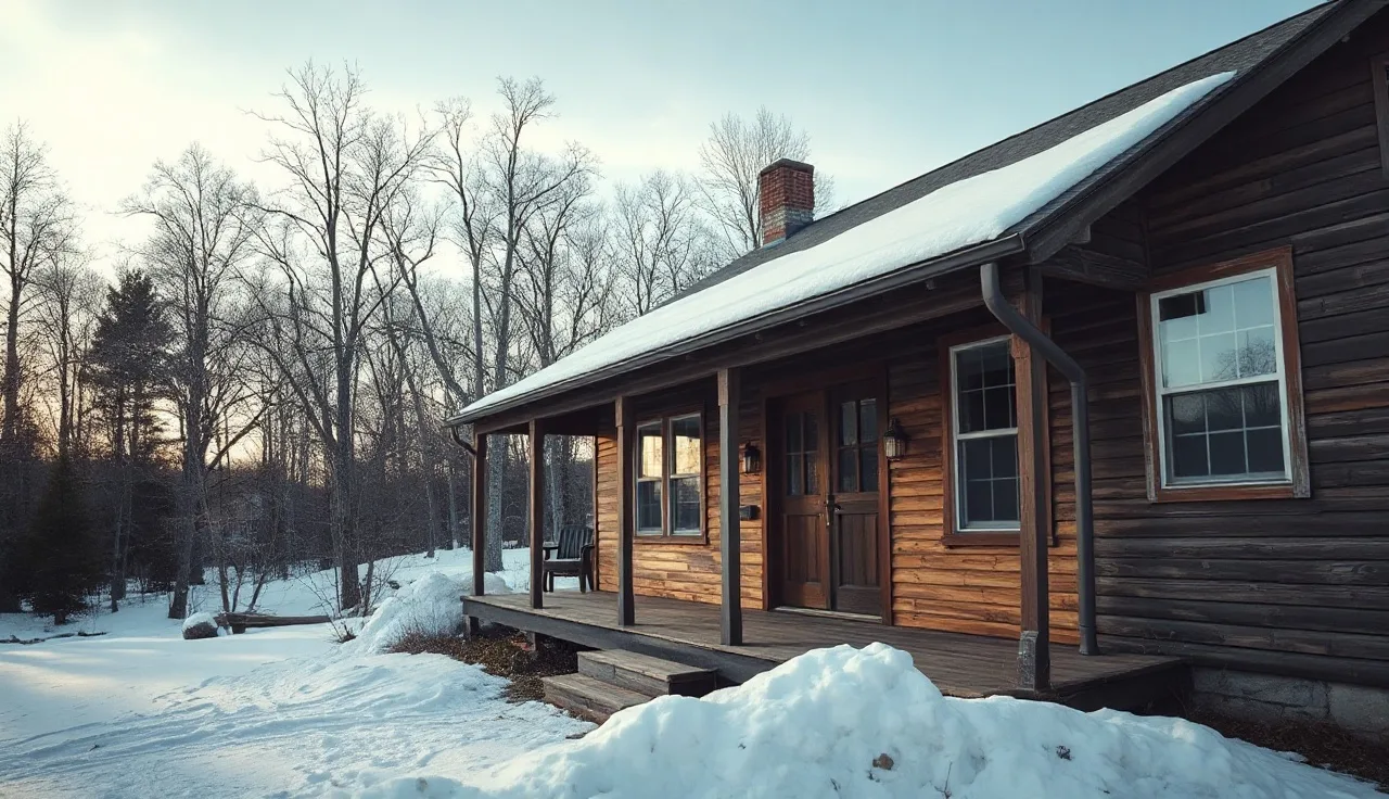 Empty Vermont rental home porch in winter, snow-covered yard, bare trees