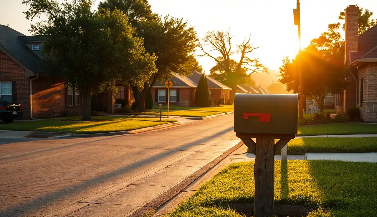Quiet residential street in Waco Texas with modest brick homes in afternoon light