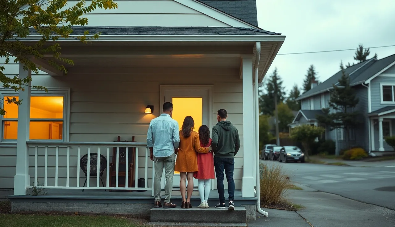 Family on porch of rental home in Portland Oregon residential neighborhood