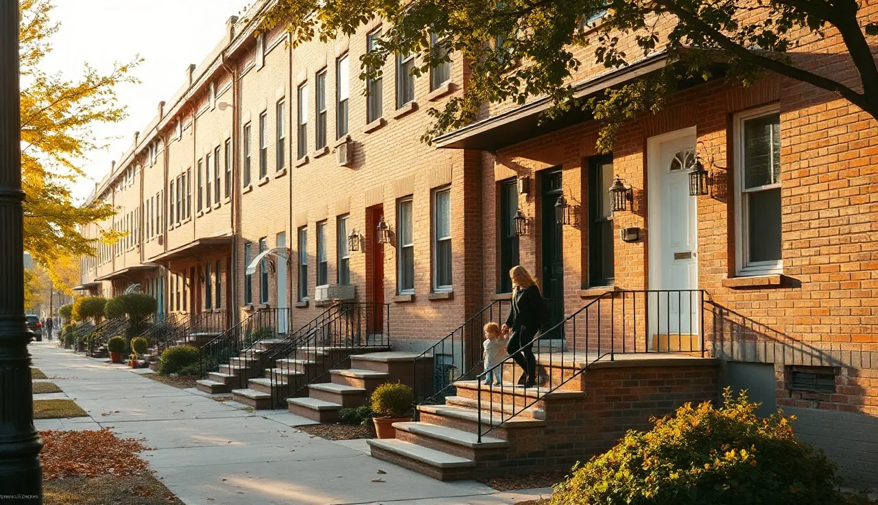 Brick row homes on a Philadelphia street with a family approaching the front door