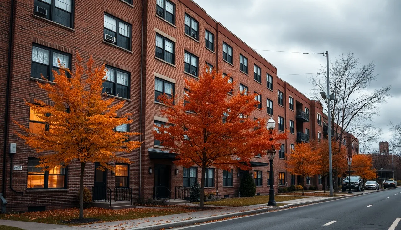 Brick apartment building in Worcester Massachusetts on an overcast autumn day