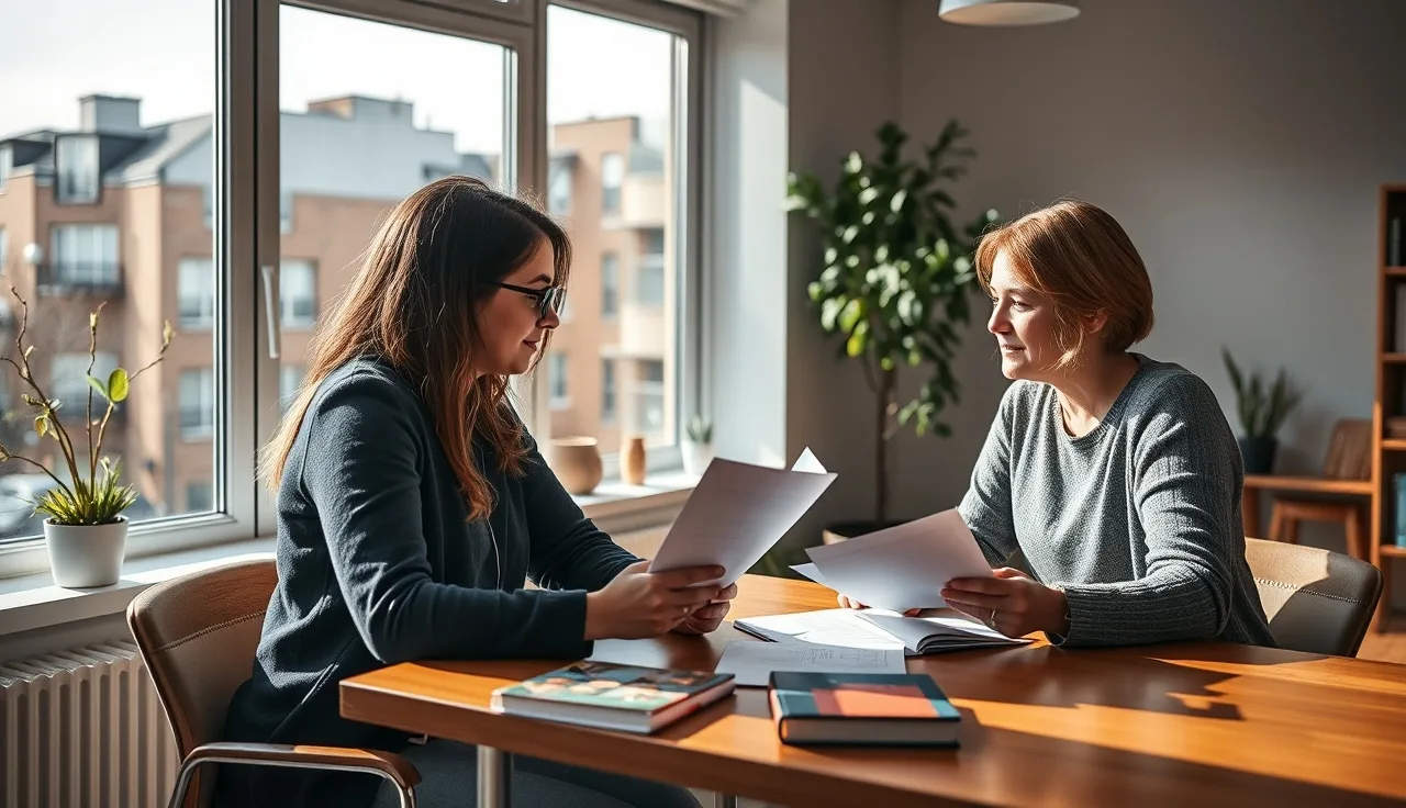 Housing counselor helping a voucher holder review rental documents at a nonprofit office