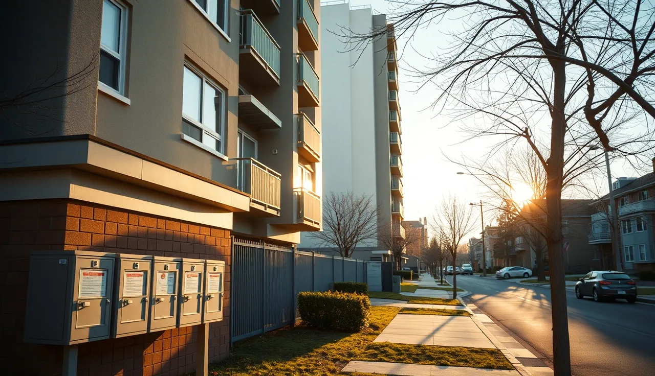 Modern condo building exterior with mailboxes near entrance, quiet residential street