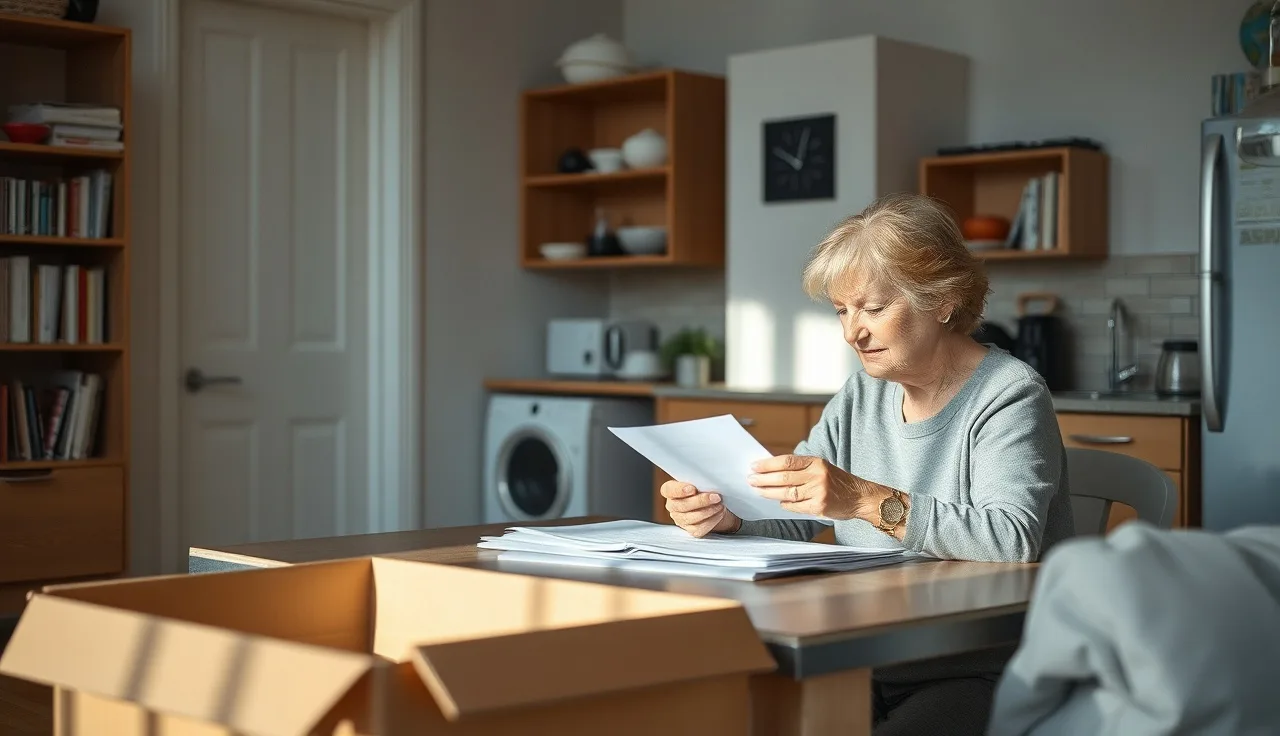 Woman reviewing housing documents at kitchen table with moving box nearby