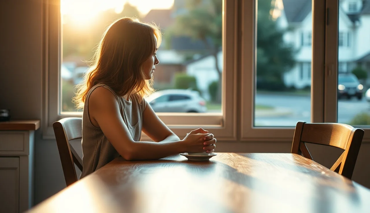 Woman at kitchen table looking out window, representing VAWA housing protection privacy
