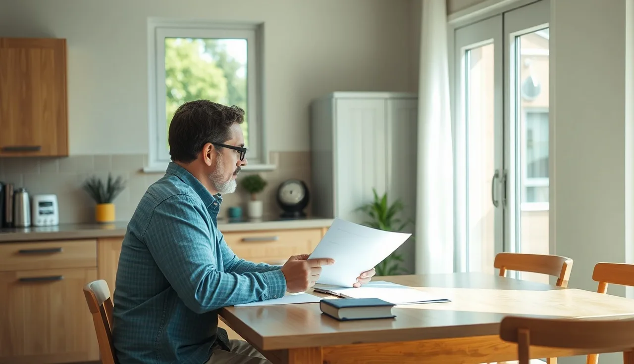 Landlord and voucher tenant reviewing rental application at kitchen table