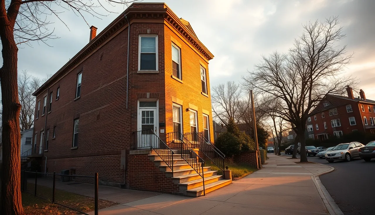 Brick apartment building exterior at late afternoon, quiet residential street, Section 8 eviction topic