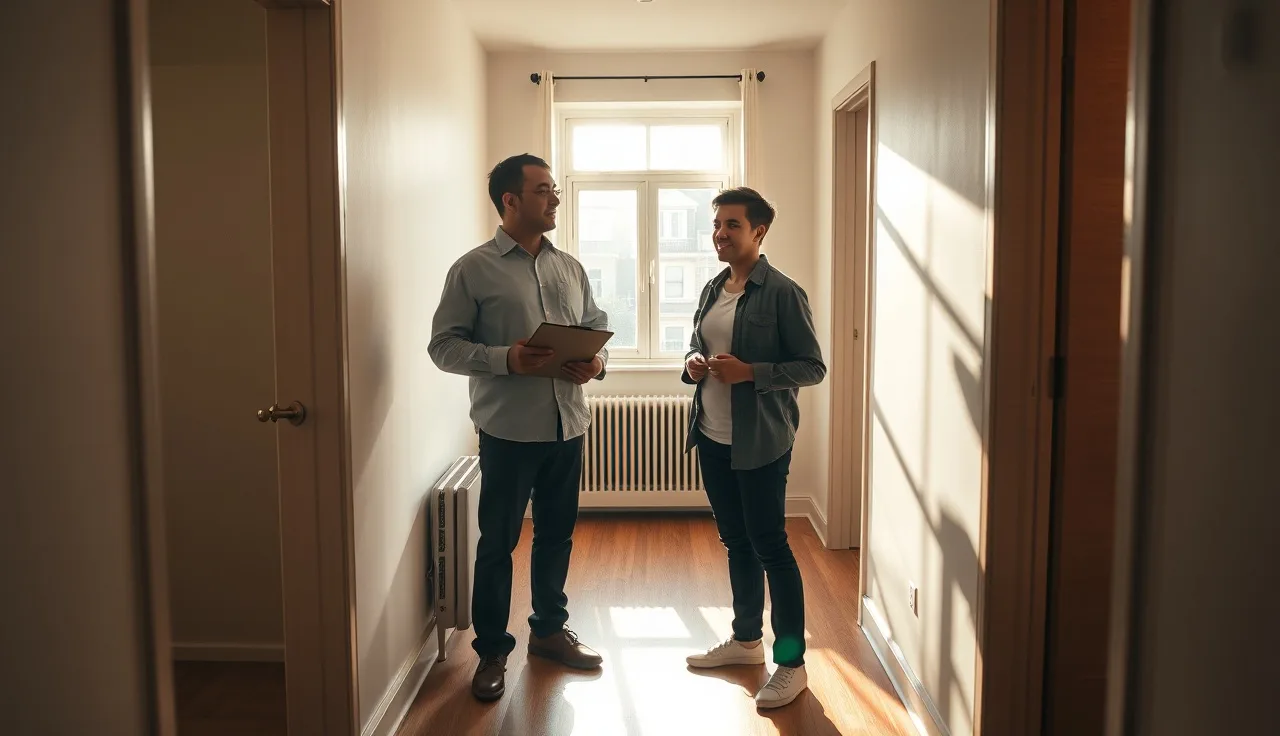 Landlord and tenant talking in a sunlit apartment hallway about rental terms