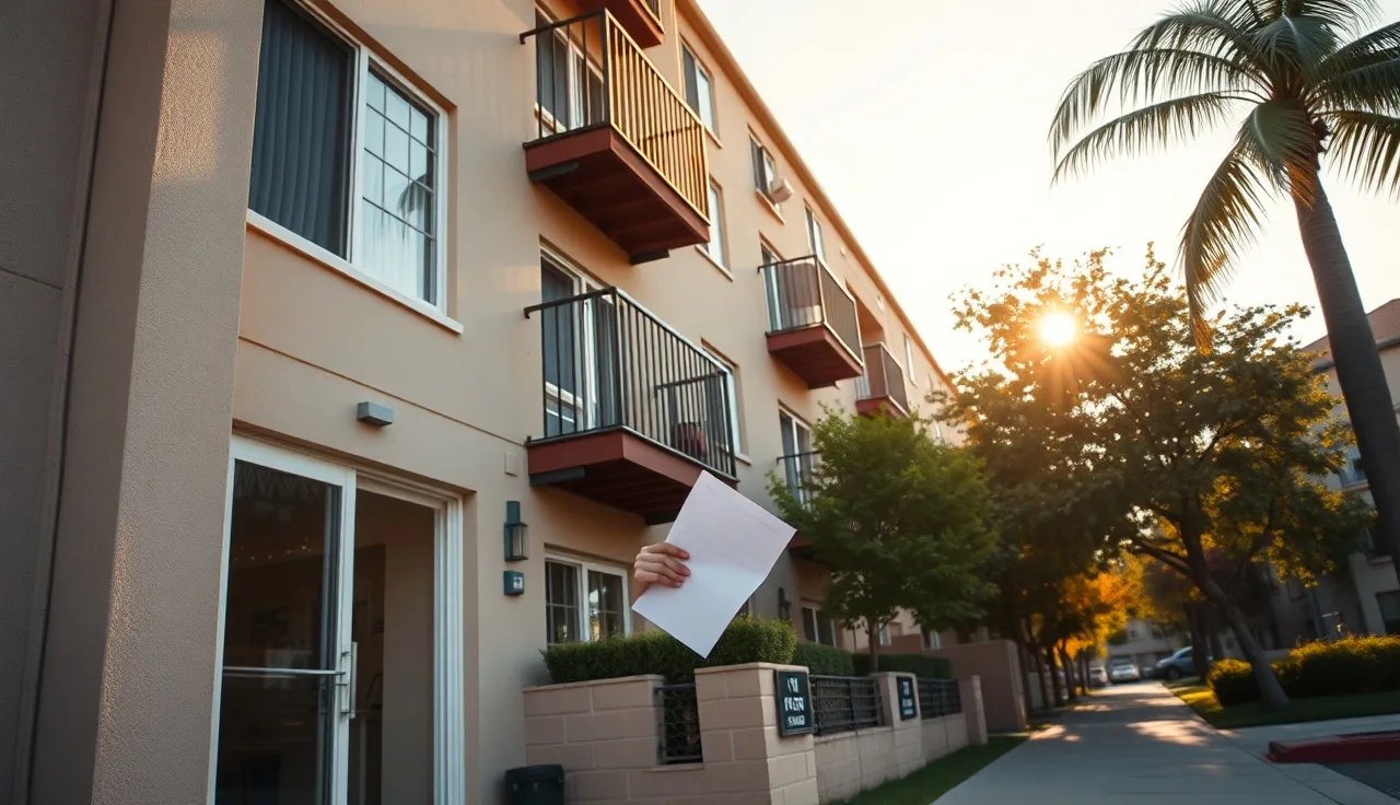 Tenant with document standing outside California apartment building, housing voucher rights