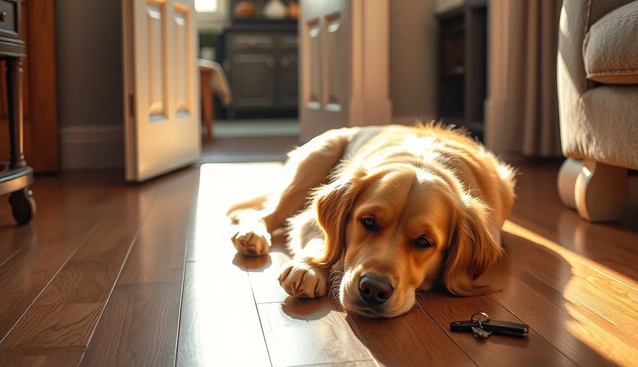 Golden retriever resting on apartment floor near open door with house keys