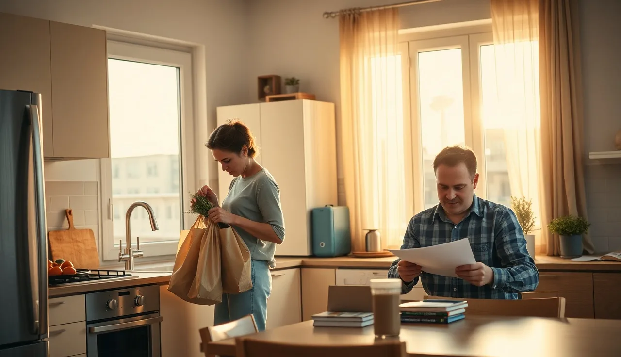 Two roommates in a shared apartment kitchen, one reviewing housing paperwork