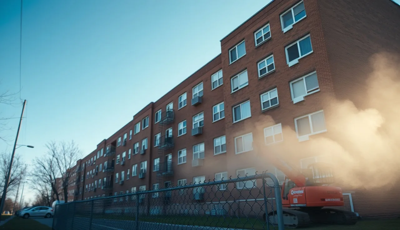 Public housing apartment building with construction equipment nearby during demolition preparation